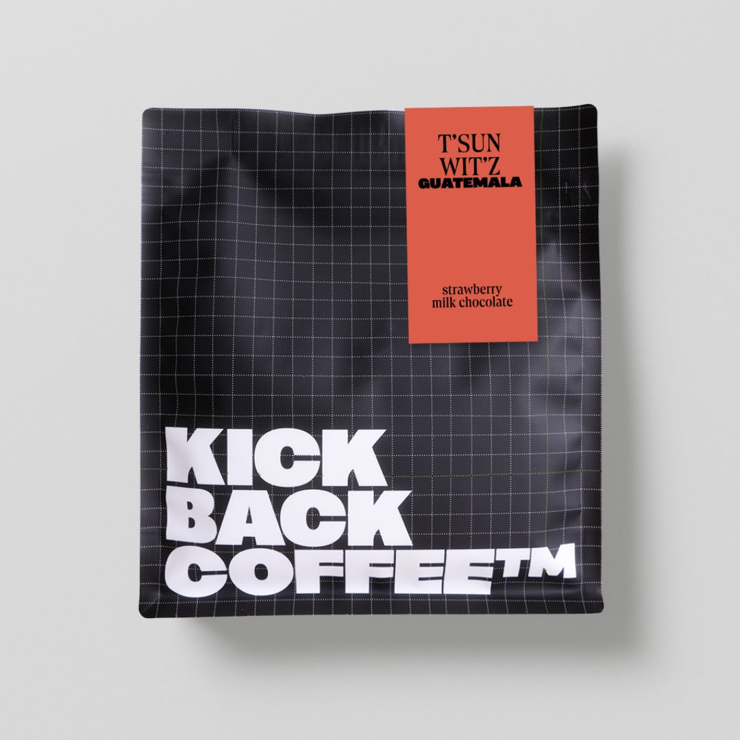 Coffee package with 'Kick Back Coffee' branding on a gray background